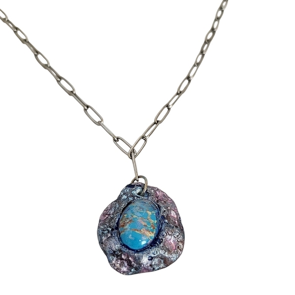 Hand Crafted Jewelry - Glossy Blue Pink Air Dry Clay Blue Pendant Paper Clip Stainless Chain Necklace